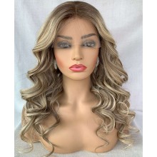 Blonde Highlight Long Wave 8c60 Human Hair Lace Front Wig-jx8c60