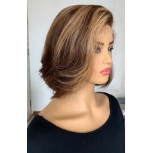 Brown Roots Highlights Wave Short Style Side Parting Human Hair 5x5 HD Lace Wig--BH17