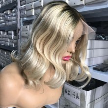 Blonde Dark Roots Short Wave t460 Human Hair Lace Front Wig-t460